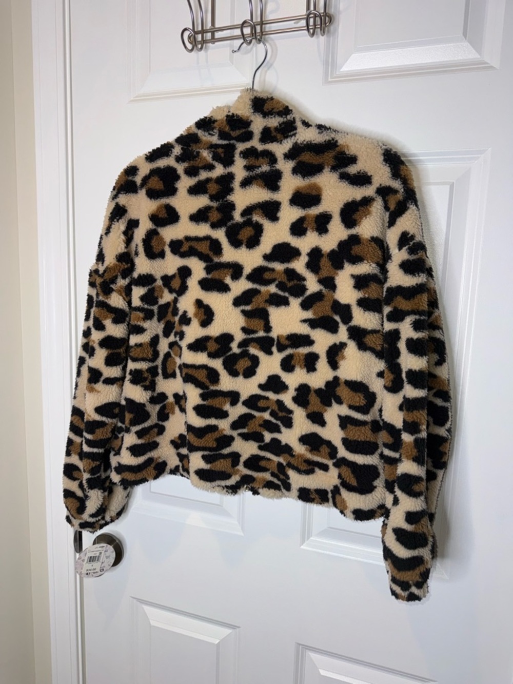 Leopard Print Teddy Zip-Up Jacket - Beige/Black/Brown - Picture 5 of 5